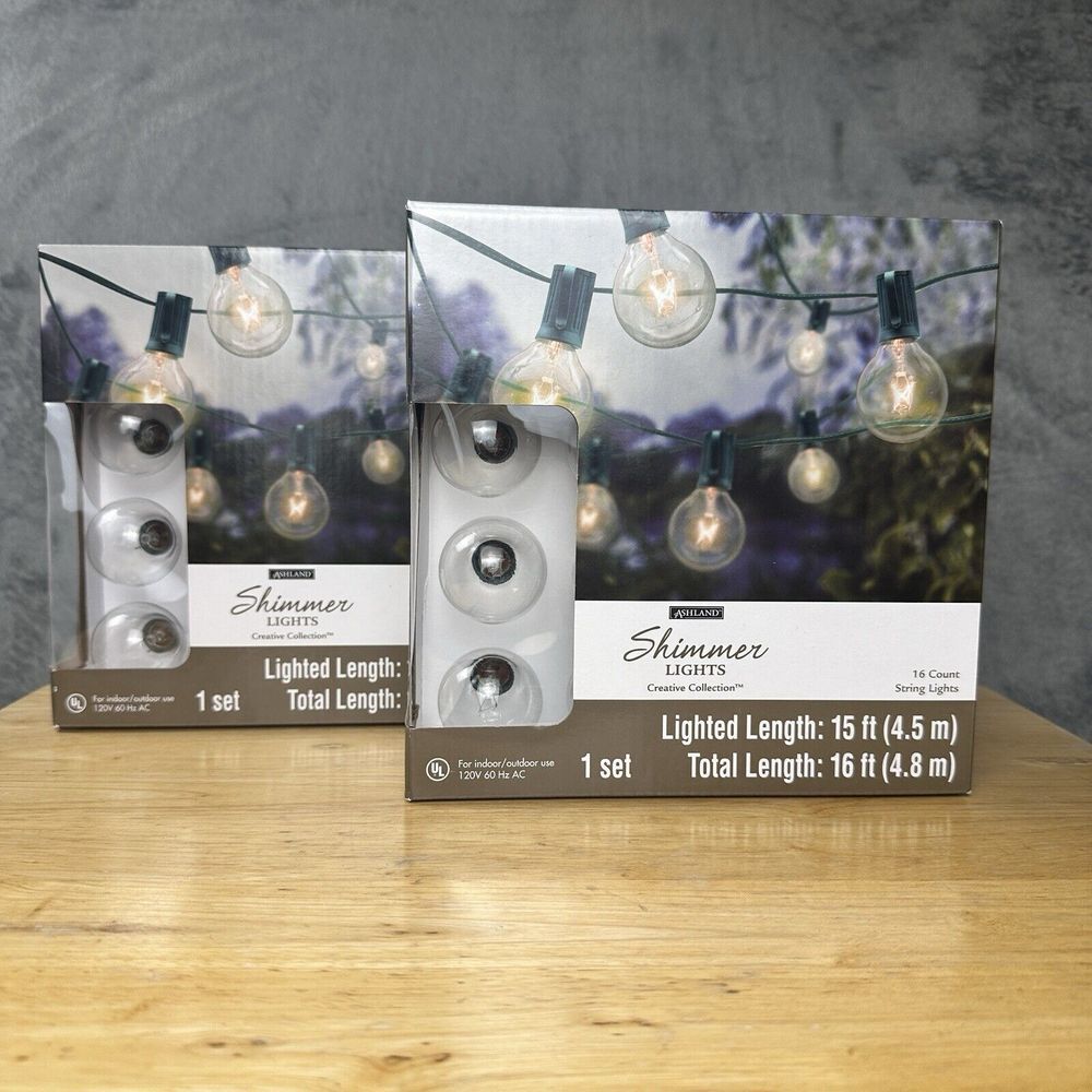 Ashland Lights 16ct G40 Bulb String Shimmer Round Clear New In‎ Box Set Of 2